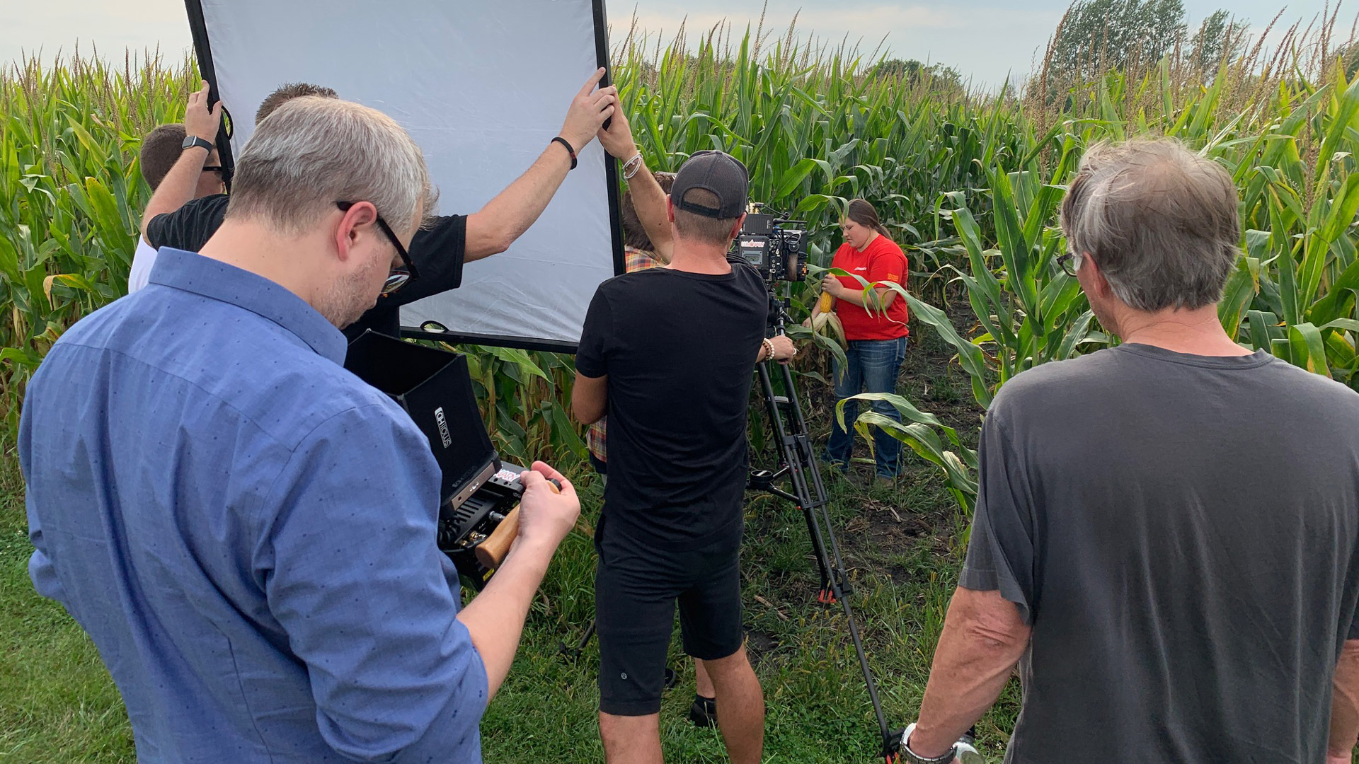 ZLR team on location in a corn field for Iowa State University commercial shoot.