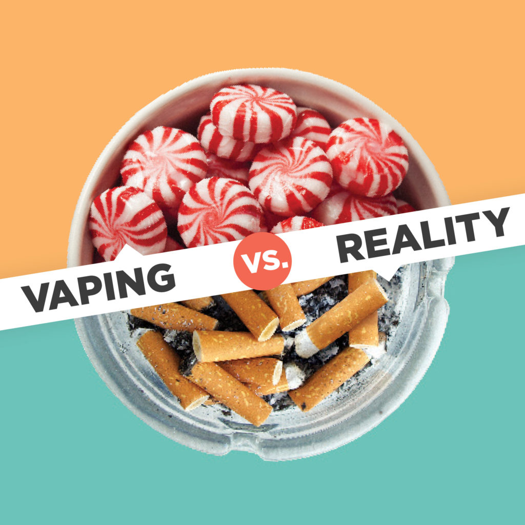 Bowl of peppermints and cigarettes with caption "vaping vs. reality"