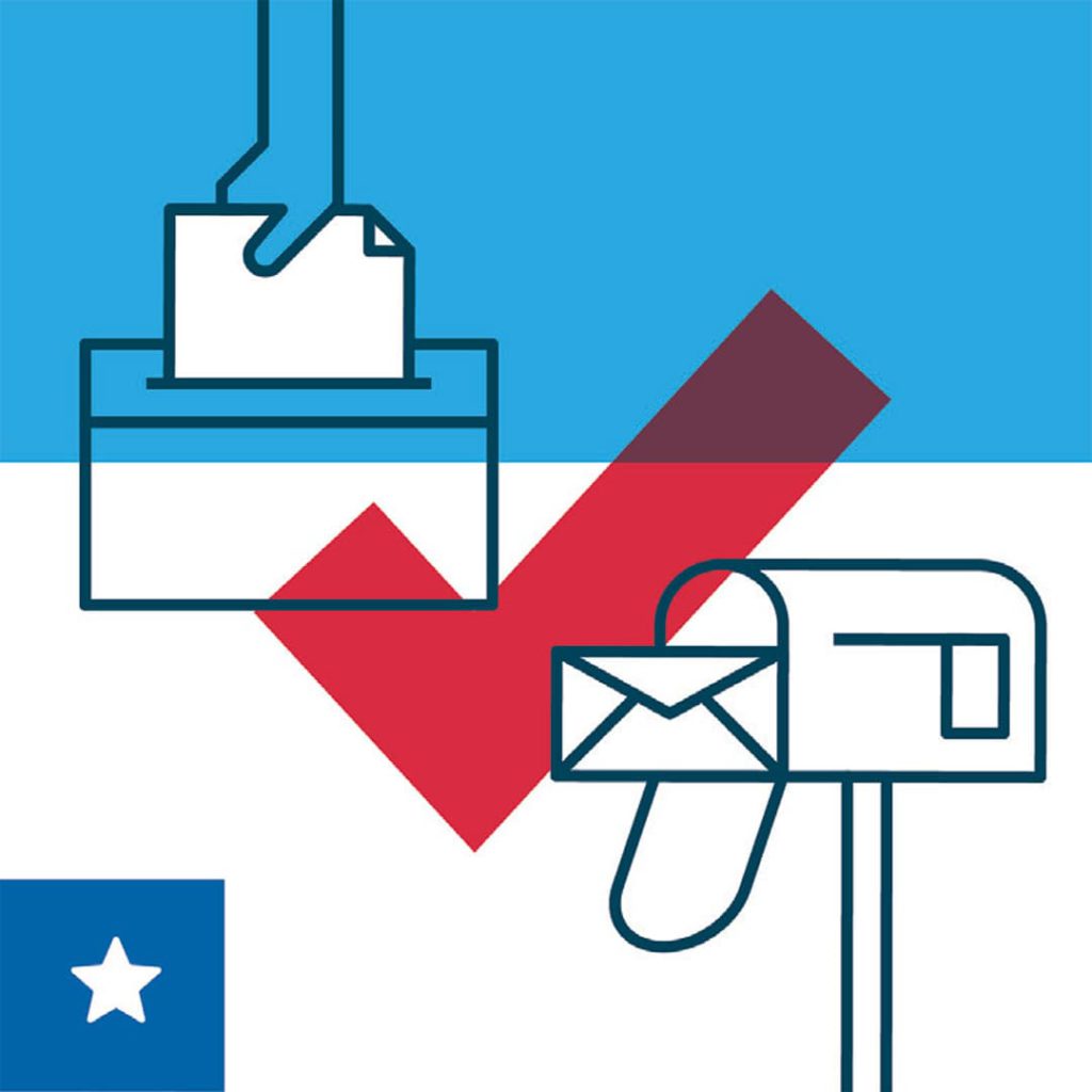 Voter Ready checkmark, ballot, and mailbox illustration