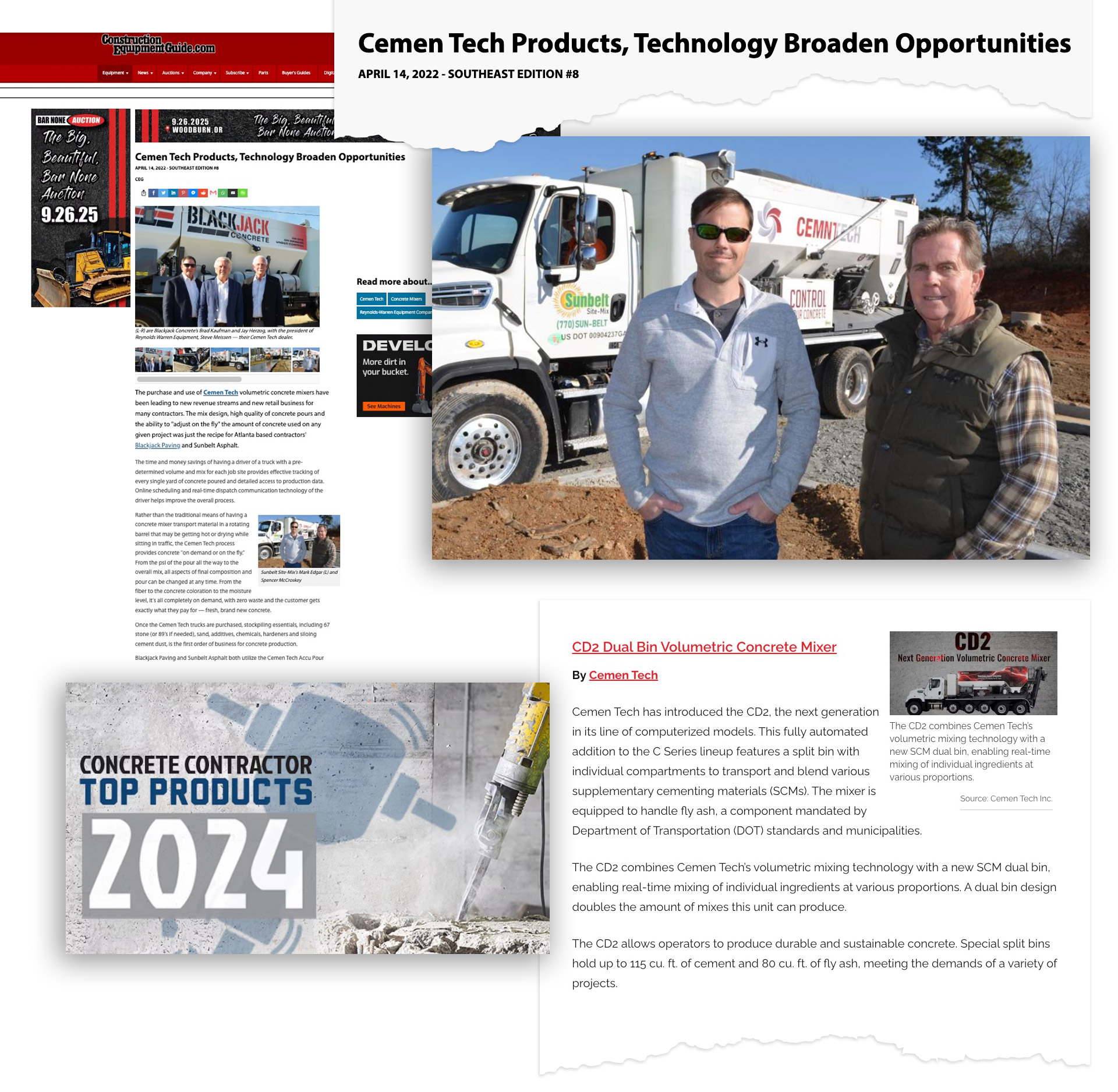 Cemen Tech news article clippings from ConstructionEquipment.com and Concrete Contractor's top products of 2024.