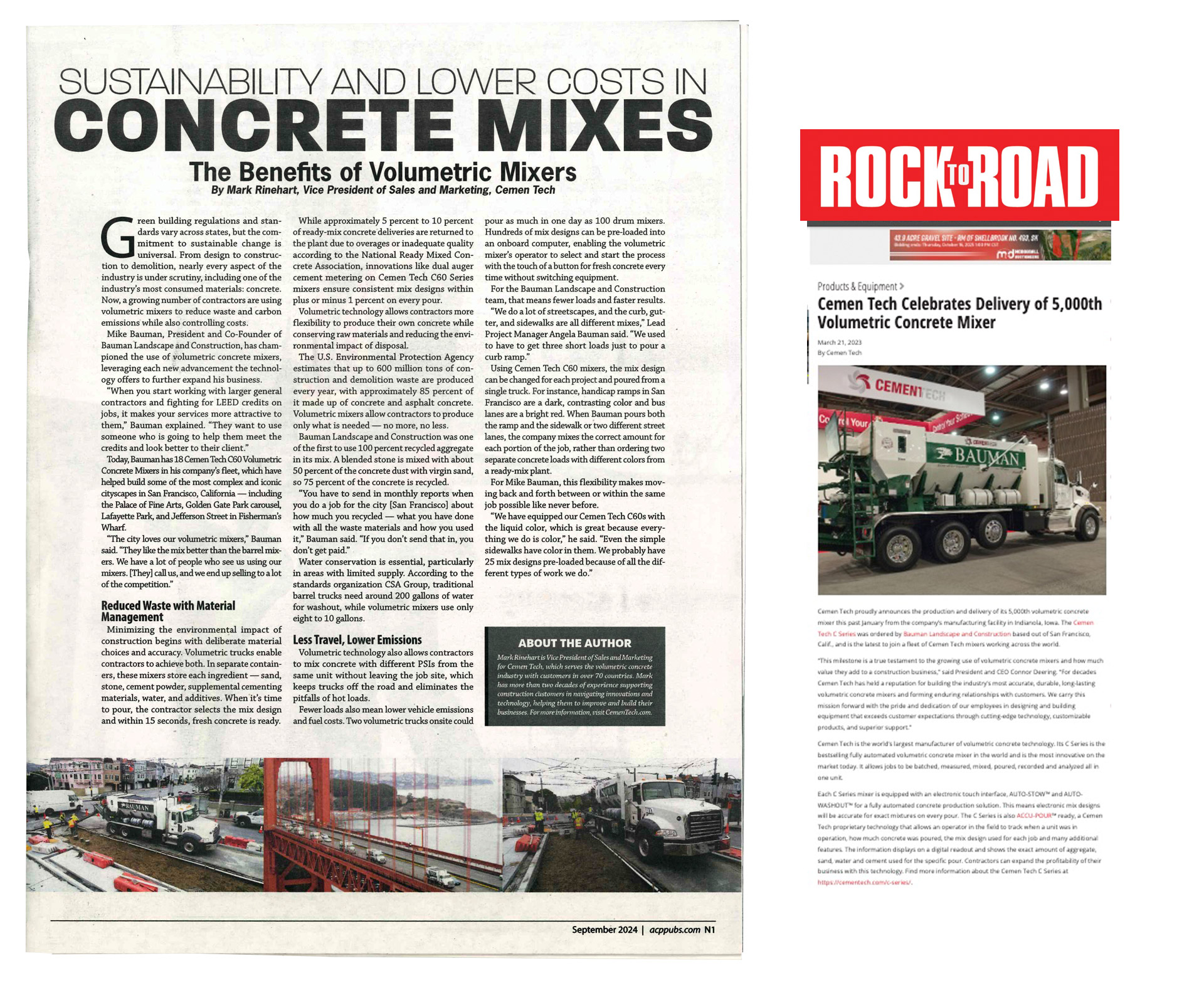 Cemen Tech news article clippings from Construction News and Rock to Road.