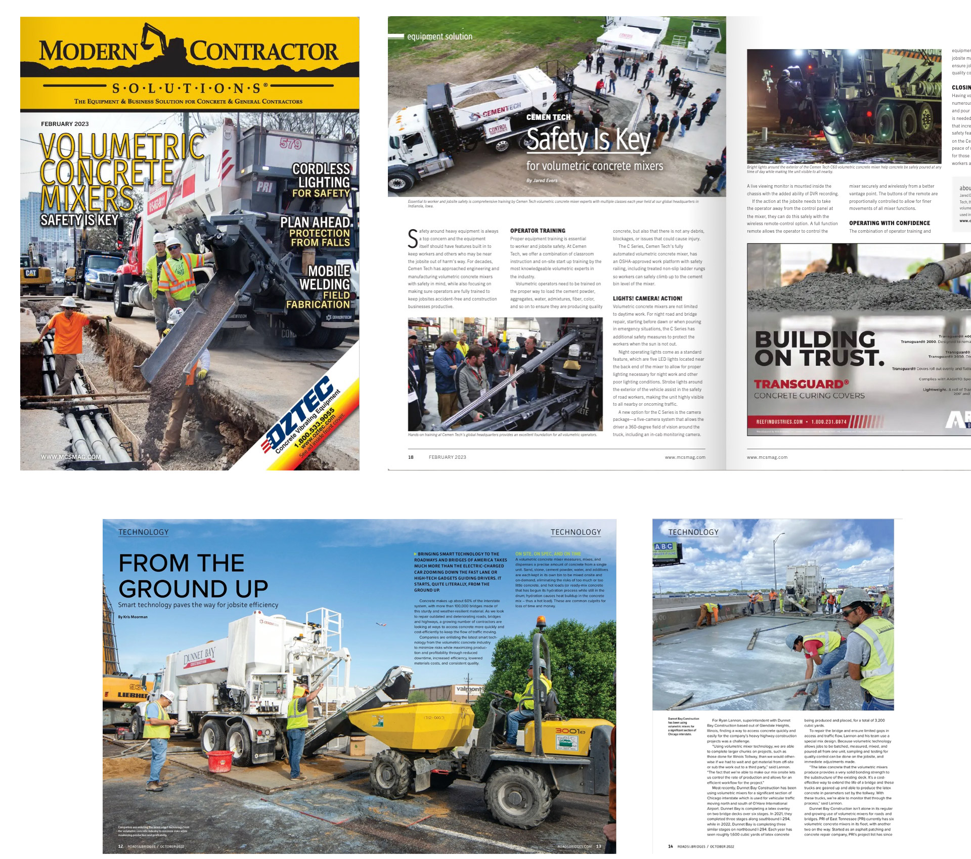 Cemen Tech news article clippings from Modern Contractor and Roads and Bridges.