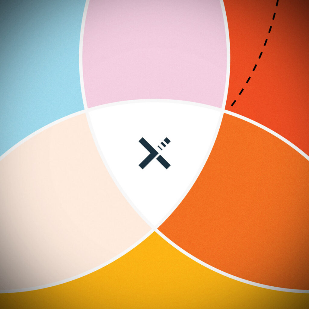 Close-up of a colorful Venn diagram's intersections