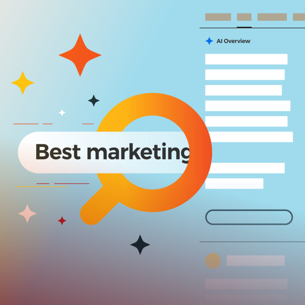 Illustration of internet search bar going through magnifying glass with artificial intelligence results on the opposite side. Search bar reads the start of "Best marketing…"